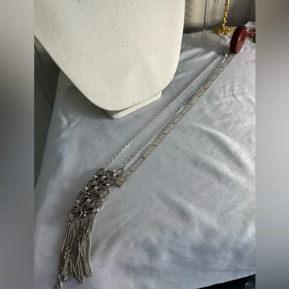 Long chain mail vibe silvertone statement necklace